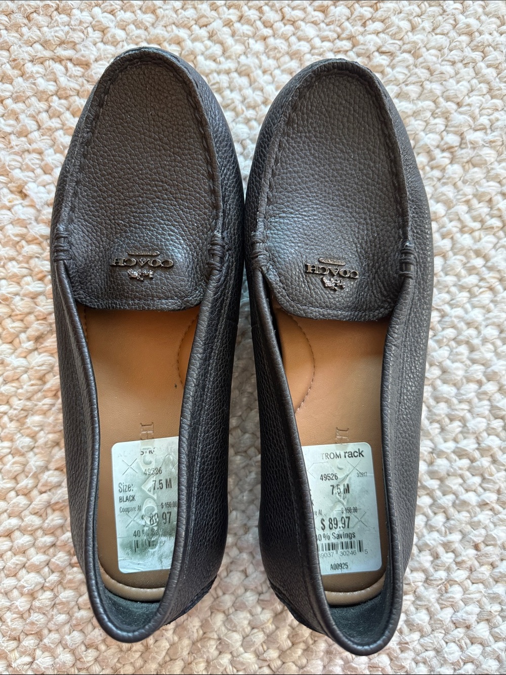 Coach Women’s Black Pebbled Leather Slip-On Loafers with Metal Logo
